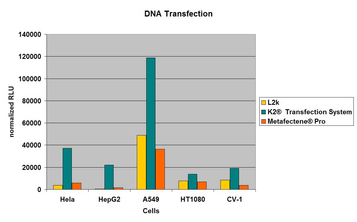 Transfection efficiency of K2® Transfection System with pCMV-Luc compared with L2k and METAFECTENE® PRO under optimized conditions
